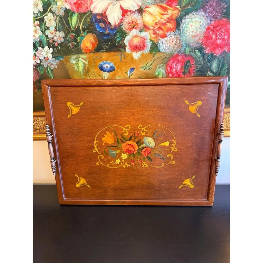 Vintage Hand Painted Floral‎ Wood Tray With Handles